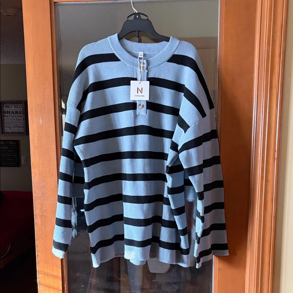 Bnwt Noracora Blue and Black striped Sweater top with matching shorts outfit. - Picture 1 of 4